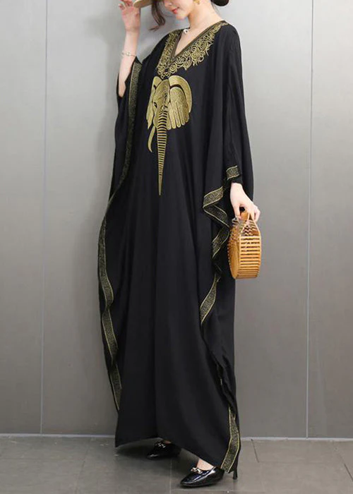 Loose Black V Neck Print Cotton Maxi Dresses Batwing Sleeve - Image 4