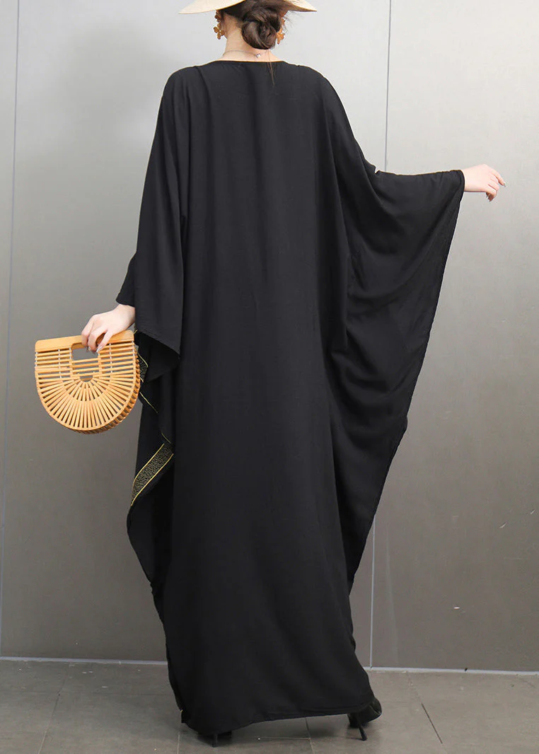 Loose Black V Neck Print Cotton Maxi Dresses Batwing Sleeve - Image 5