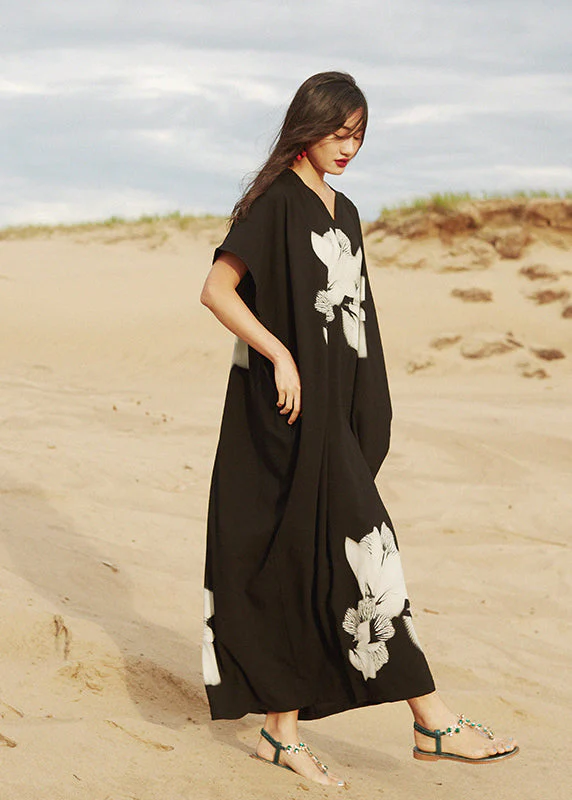 Loose Black V Neck Print Cotton Vacation Long Dresses Summer - Image 3
