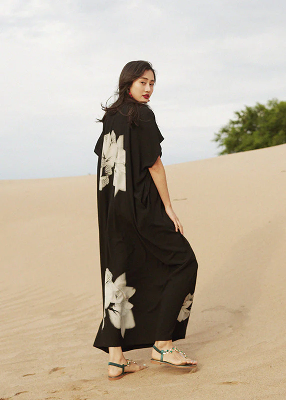 Loose Black V Neck Print Cotton Vacation Long Dresses Summer - Image 4