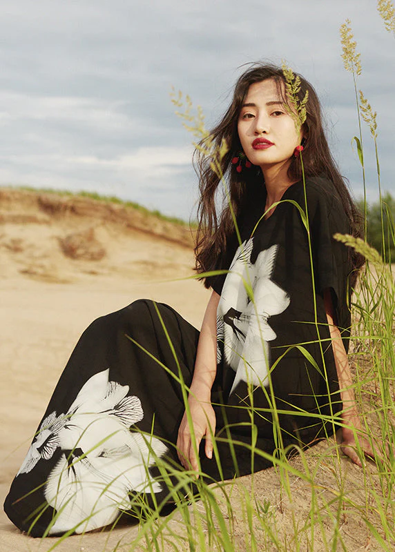 Loose Black V Neck Print Cotton Vacation Long Dresses Summer - Image 5