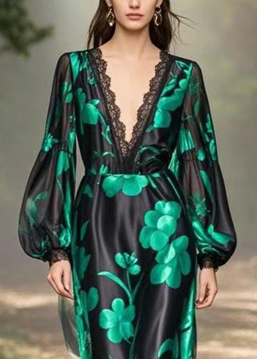 Loose Black V Neck Print High Waist Silk Long Dress Spring - Image 2
