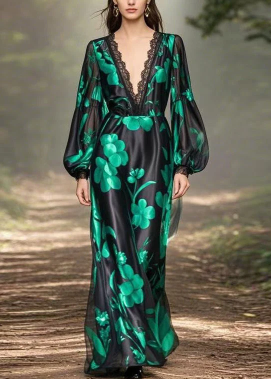 Loose Black V Neck Print High Waist Silk Long Dress Spring - Image 3