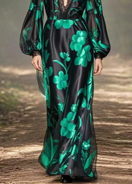 Loose Black V Neck Print High Waist Silk Long Dress Spring - Image 4