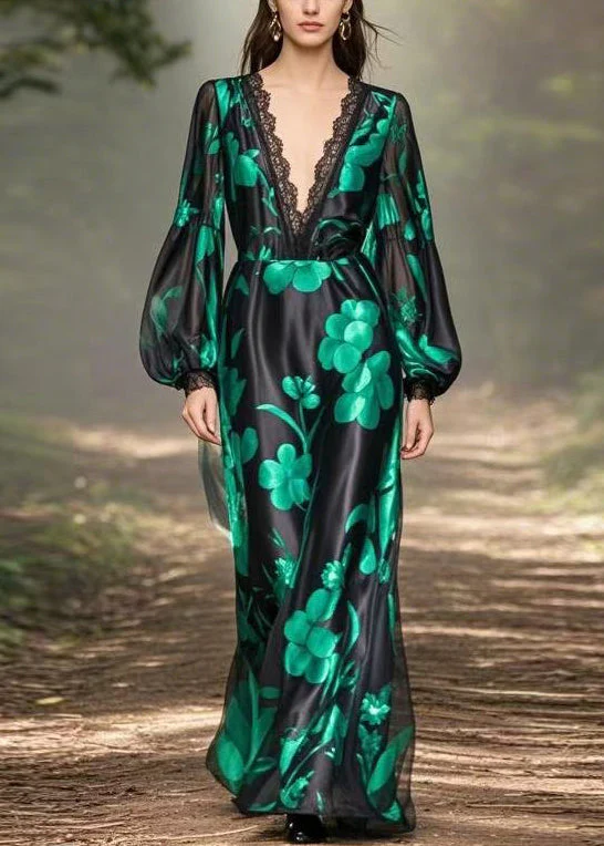 Loose Black V Neck Print High Waist Silk Long Dress Spring - Image 5