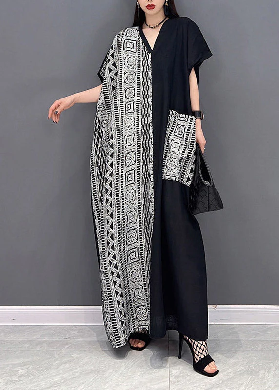 Loose Black V Neck Print Patchwork Long Dresses Short Sleeve - Image 2