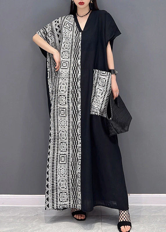Loose Black V Neck Print Patchwork Long Dresses Short Sleeve - Image 3