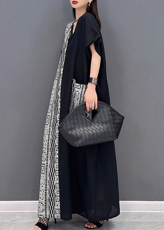 Loose Black V Neck Print Patchwork Long Dresses Short Sleeve - Image 4
