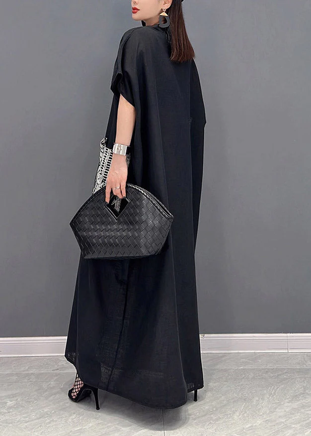 Loose Black V Neck Print Patchwork Long Dresses Short Sleeve - Image 5
