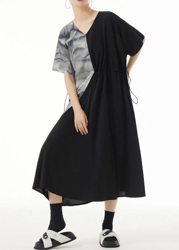 Loose Black V Neck Print Patchwork Maxi Dresses Summer - Image 3