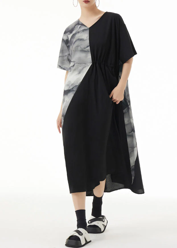 Loose Black V Neck Print Patchwork Maxi Dresses Summer - Image 4