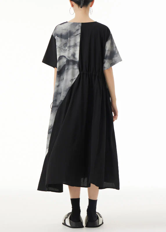Loose Black V Neck Print Patchwork Maxi Dresses Summer - Image 5