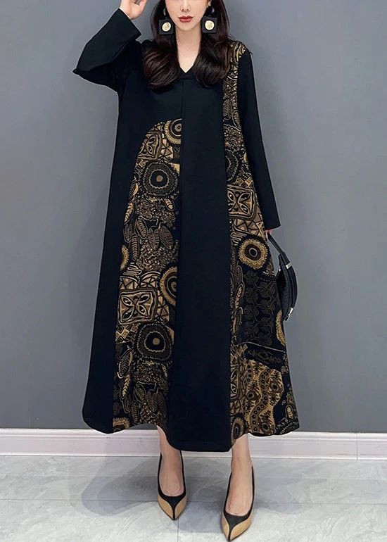 Loose Black V Neck Print Pockets Patchwork Cotton Dress Fall - Image 2
