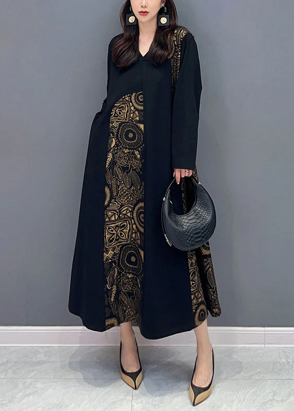 Loose Black V Neck Print Pockets Patchwork Cotton Dress Fall - Image 3