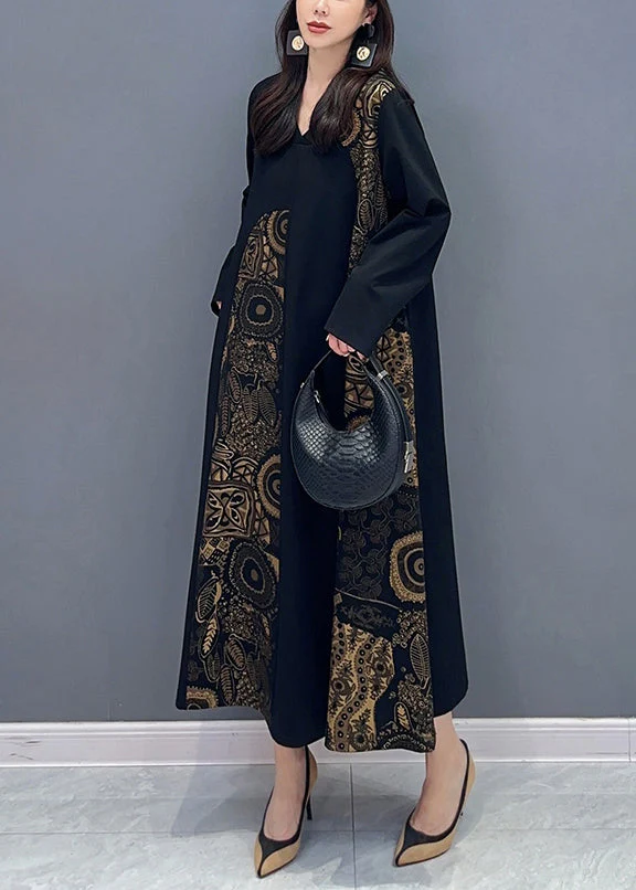 Loose Black V Neck Print Pockets Patchwork Cotton Dress Fall - Image 4