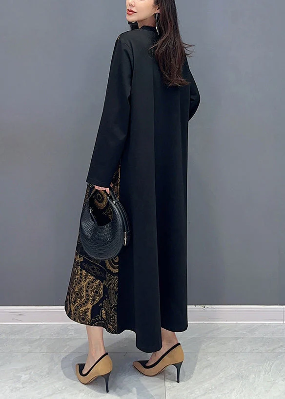 Loose Black V Neck Print Pockets Patchwork Cotton Dress Fall - Image 5