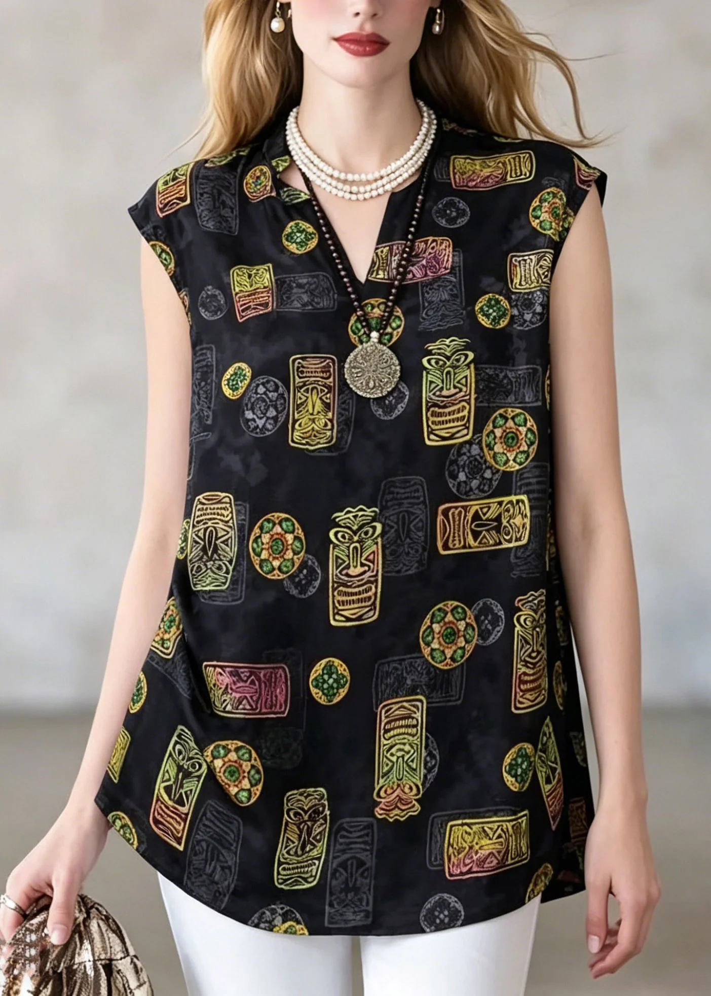 Loose Black V Neck Print T Shirt Short Sleeve - Image 3