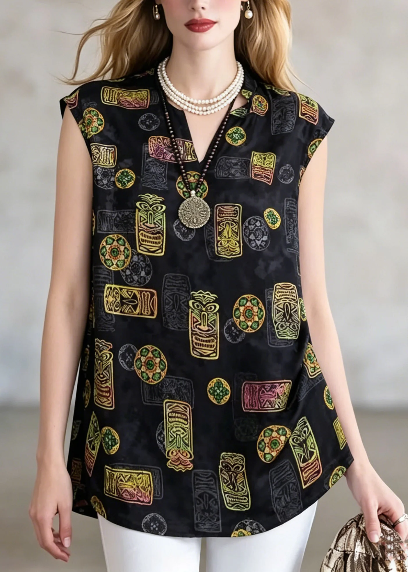 Loose Black V Neck Print T Shirt Short Sleeve - Image 5