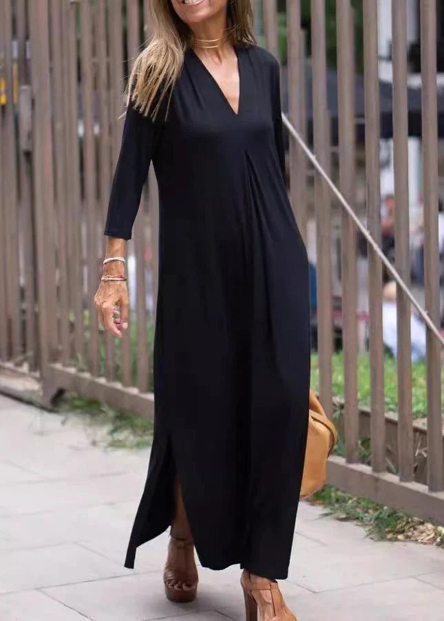 Loose Black V Neck Side Open Cotton Long Dress Bracelet Sleeve - Image 3