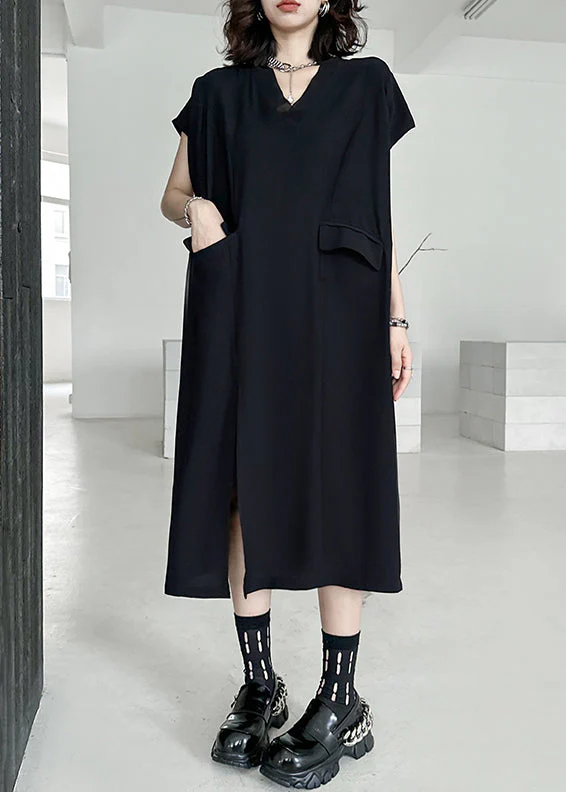 Loose Black V Neck Side Open Pockets Patchwork Cotton Dresses Summer - Image 2