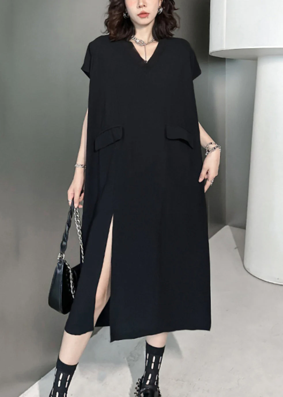 Loose Black V Neck Side Open Pockets Patchwork Cotton Dresses Summer - Image 3