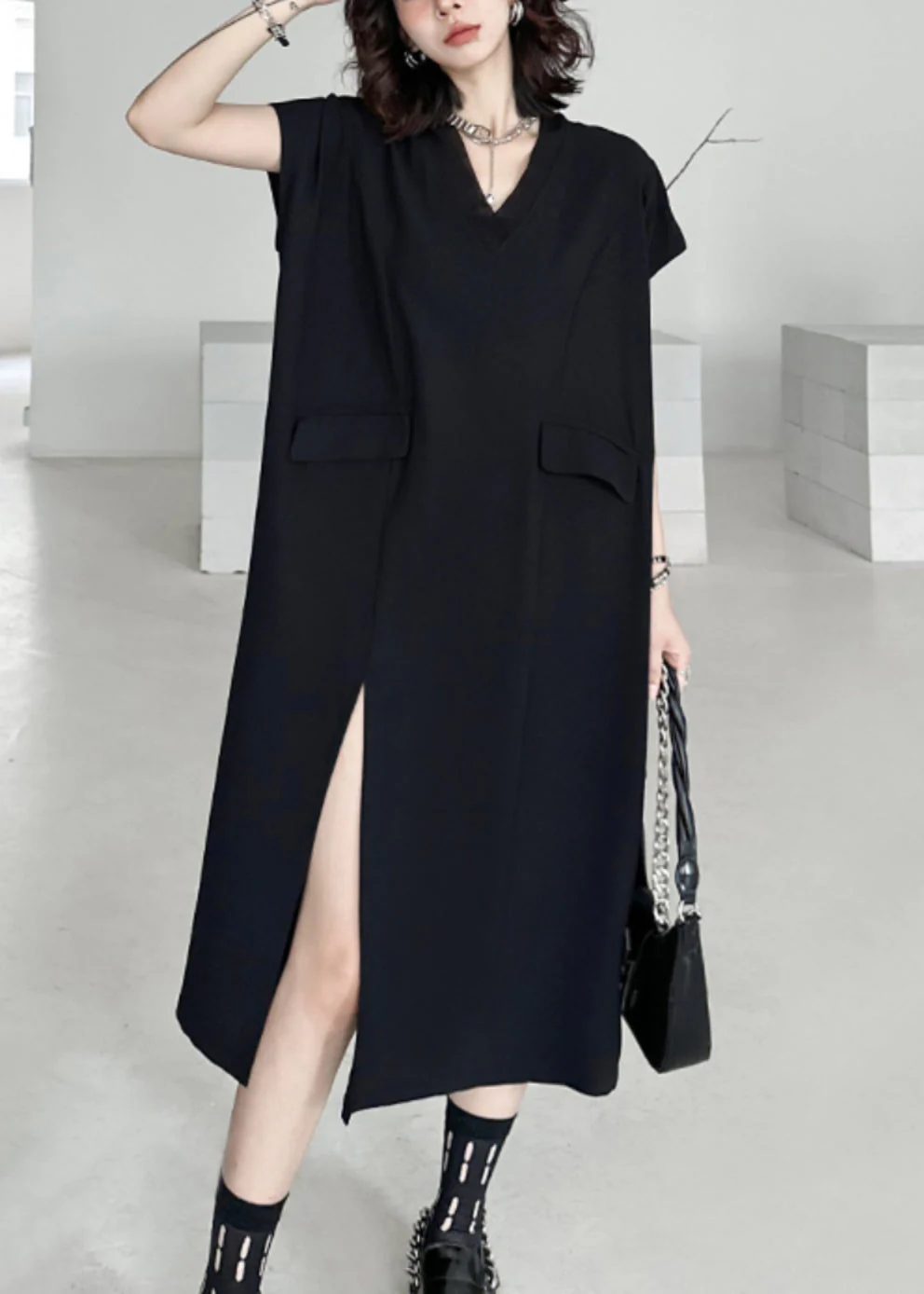 Loose Black V Neck Side Open Pockets Patchwork Cotton Dresses Summer - Image 4