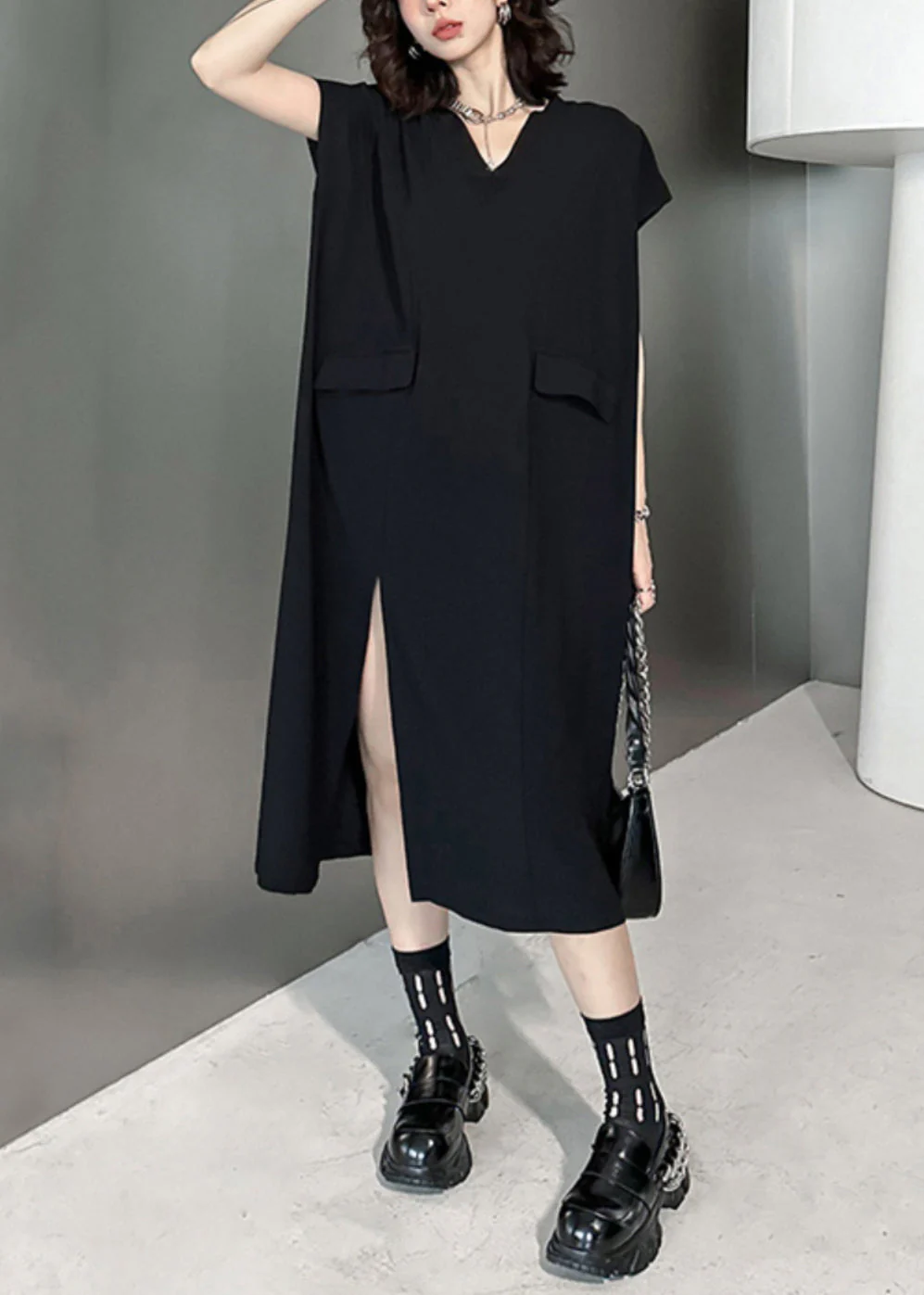 Loose Black V Neck Side Open Pockets Patchwork Cotton Dresses Summer - Image 5