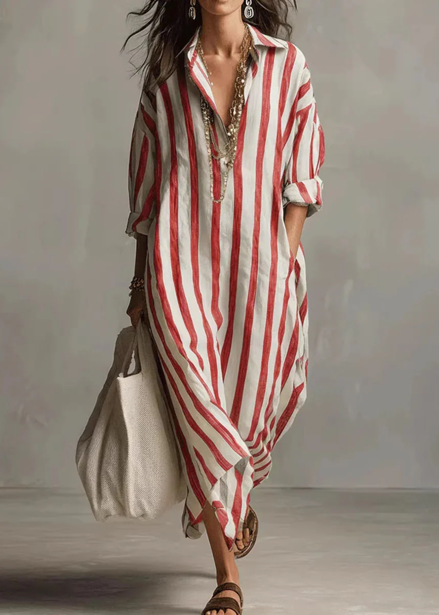Loose Black V Neck Striped Pockets Cotton Dress Summer - Image 3