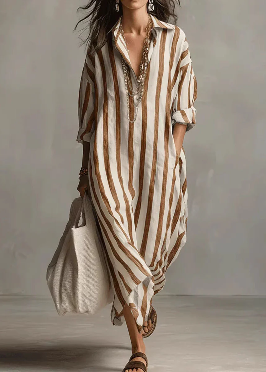 Loose Black V Neck Striped Pockets Cotton Dress Summer - Image 4