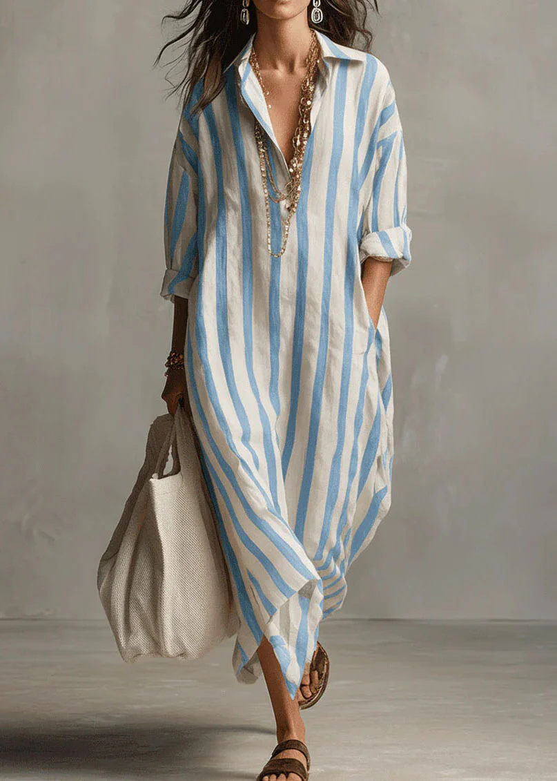 Loose Black V Neck Striped Pockets Cotton Dress Summer - Image 5