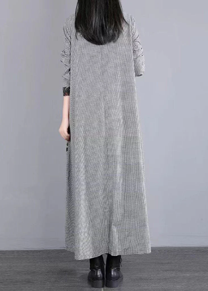 Loose Black White Plaid Peter Pan Collar Patchwork Cotton Long Dress Fall - Image 2