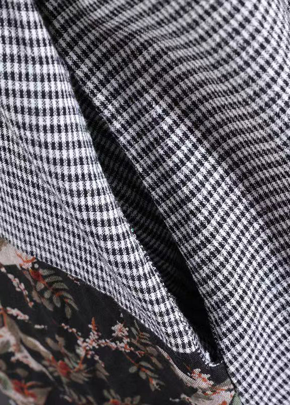 Loose Black White Plaid Peter Pan Collar Patchwork Cotton Long Dress Fall - Image 3