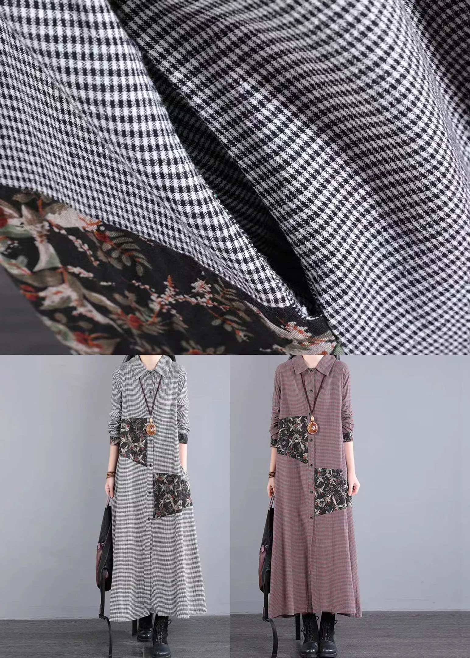 Loose Black White Plaid Peter Pan Collar Patchwork Cotton Long Dress Fall - Image 4