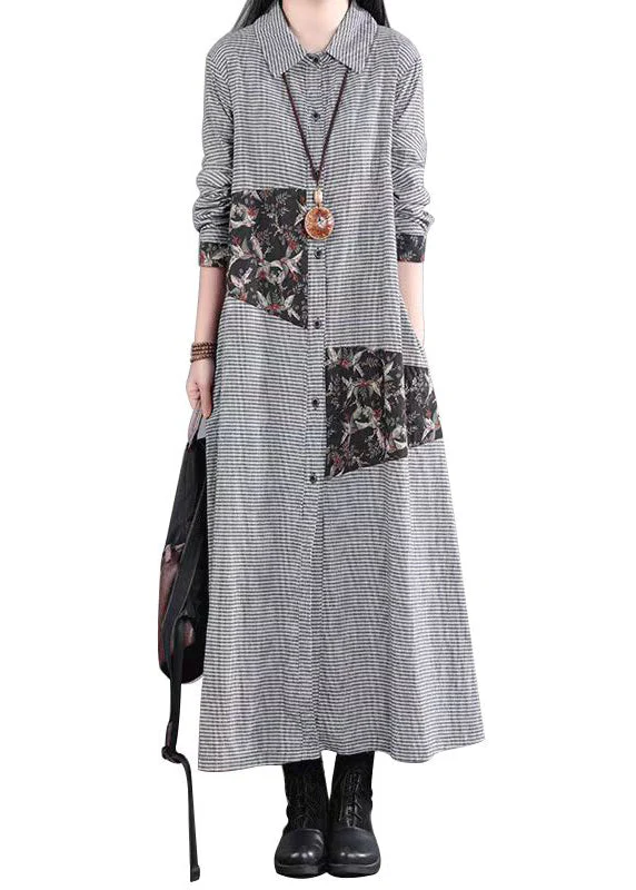 Loose Black White Plaid Peter Pan Collar Patchwork Cotton Long Dress Fall - Image 5