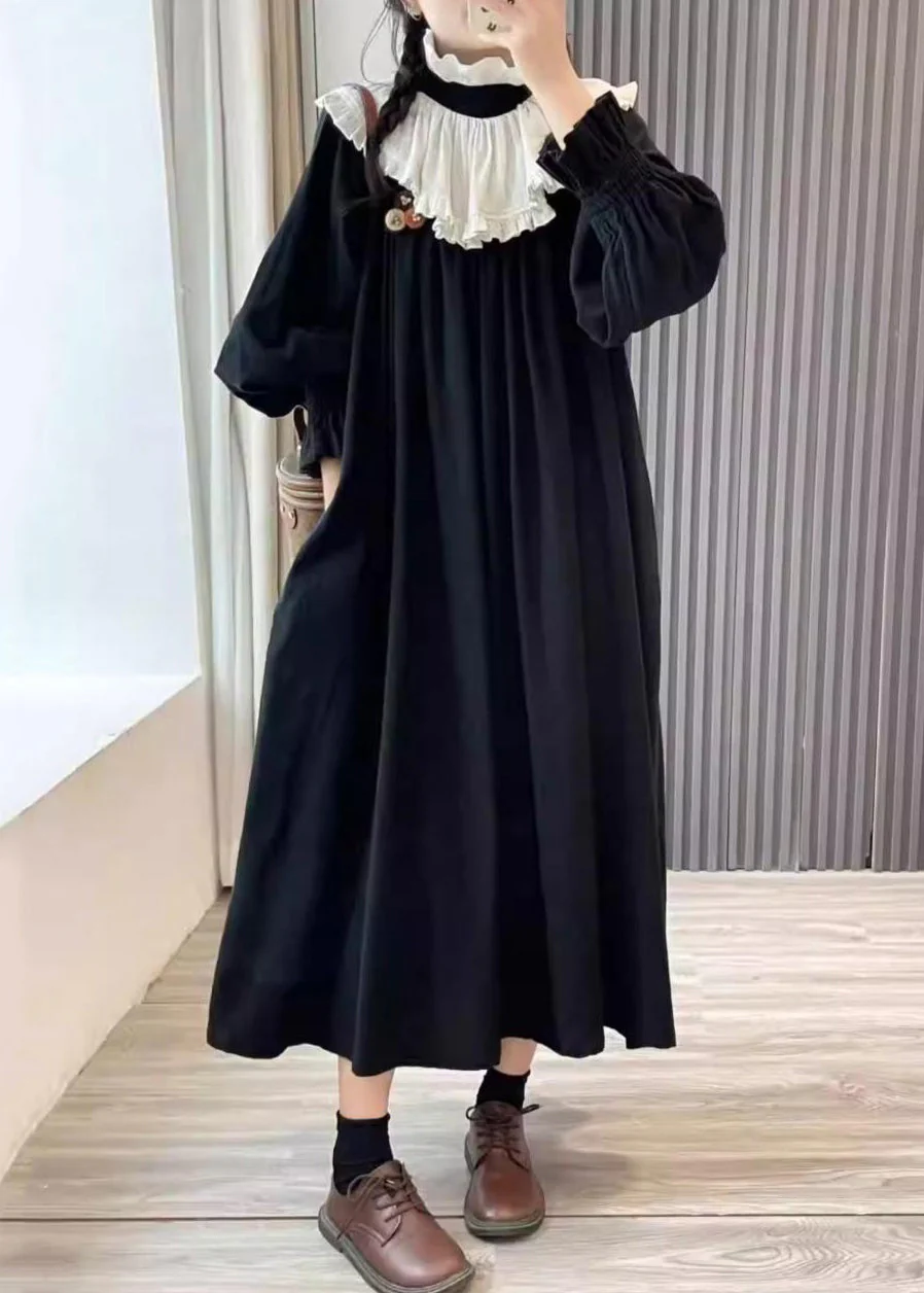Loose Black Wrinkled Pockets Cotton Dress Long Sleeve - Image 2