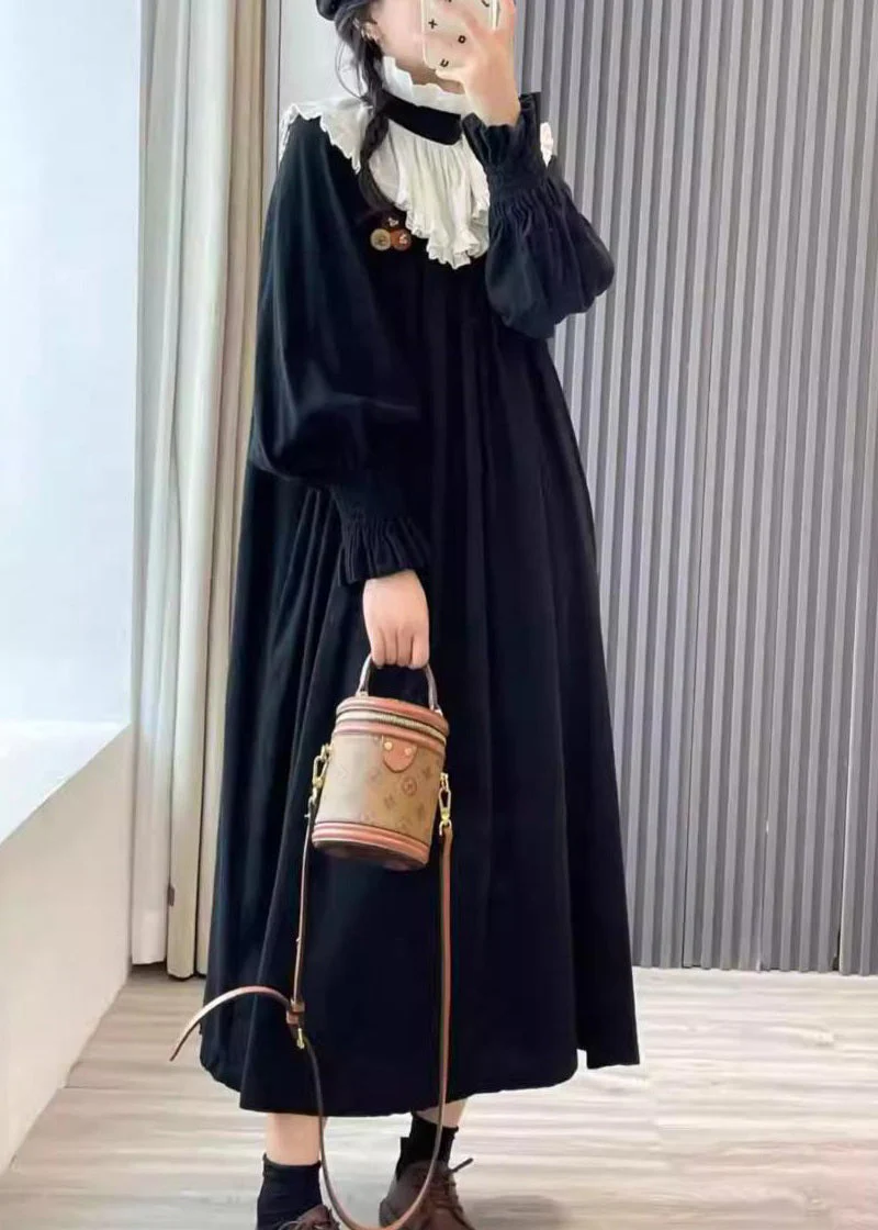Loose Black Wrinkled Pockets Cotton Dress Long Sleeve - Image 3