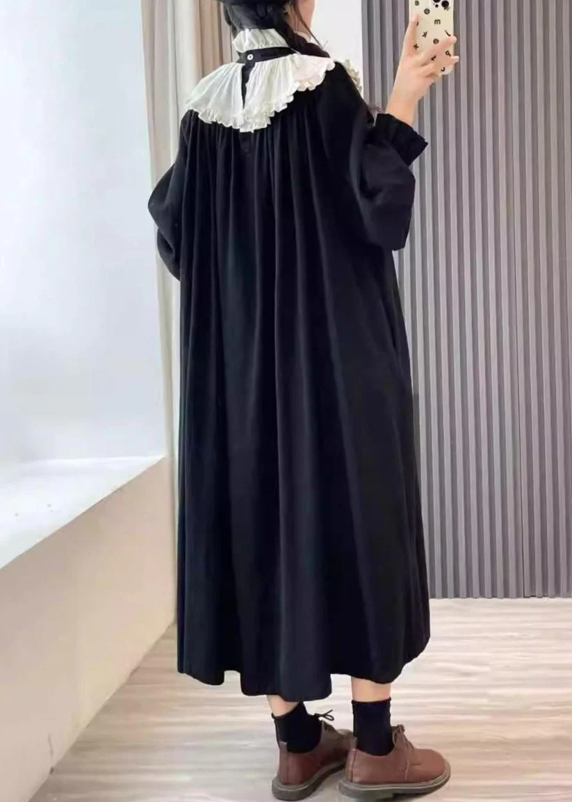 Loose Black Wrinkled Pockets Cotton Dress Long Sleeve - Image 4