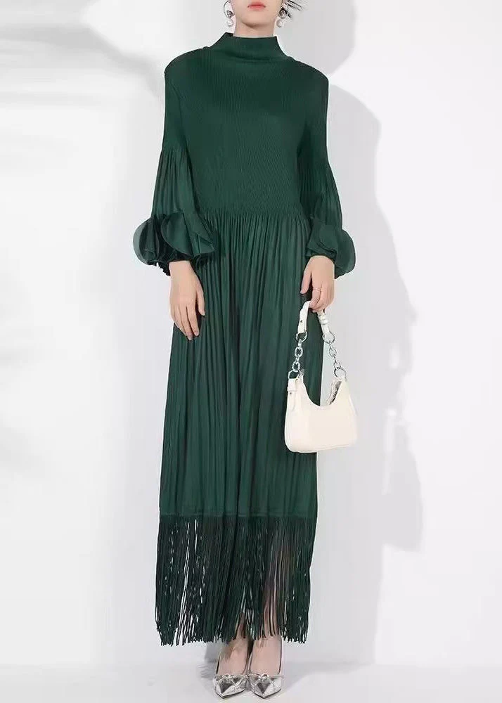 Loose Blackish Green Wrinkled Solid Cotton Long Dress Petal Sleeve