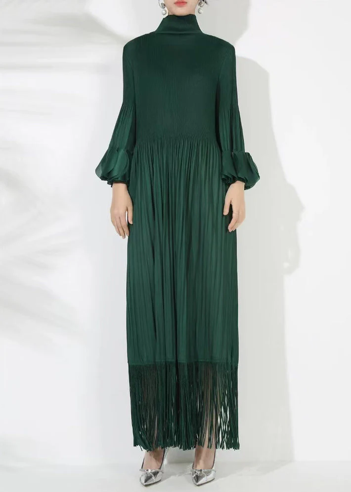 Loose Blackish Green Wrinkled Solid Cotton Long Dress Petal Sleeve - Image 2
