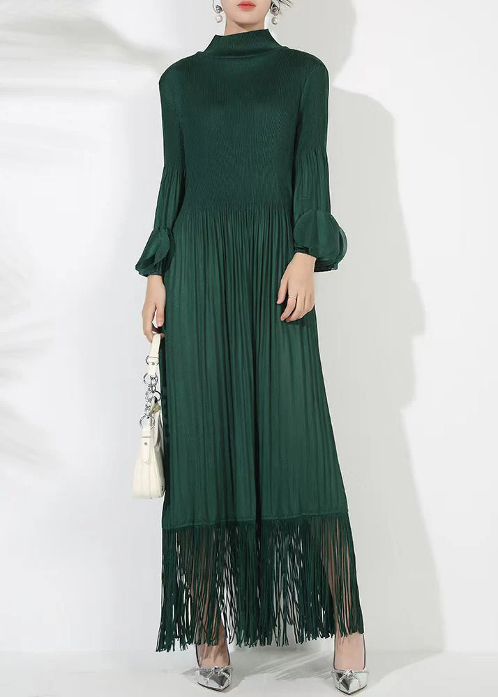 Loose Blackish Green Wrinkled Solid Cotton Long Dress Petal Sleeve - Image 3