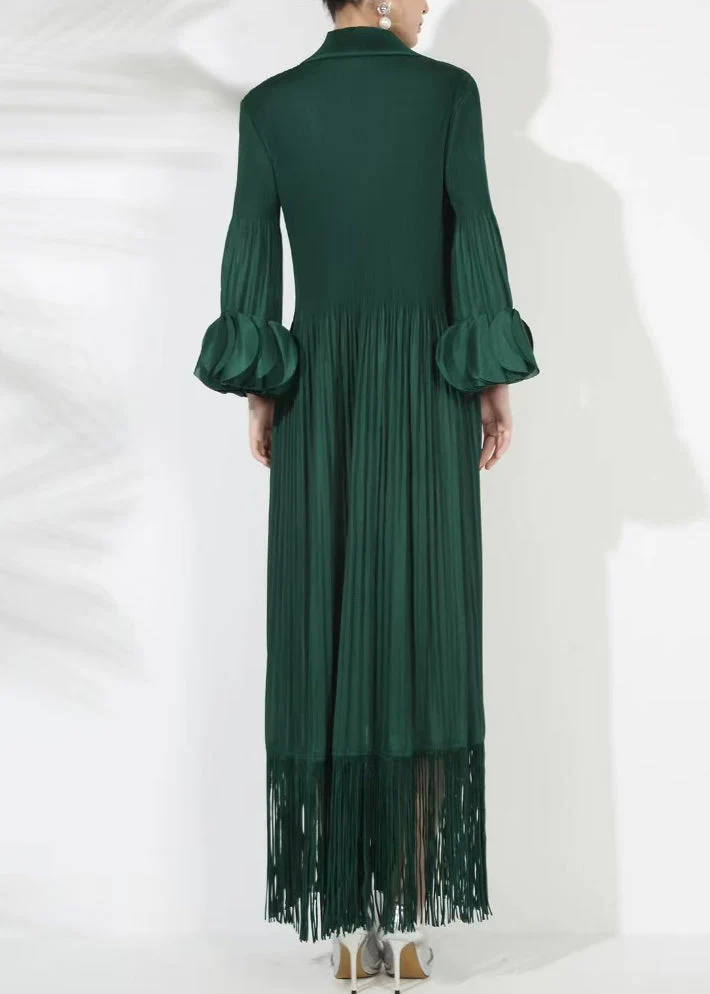 Loose Blackish Green Wrinkled Solid Cotton Long Dress Petal Sleeve - Image 4