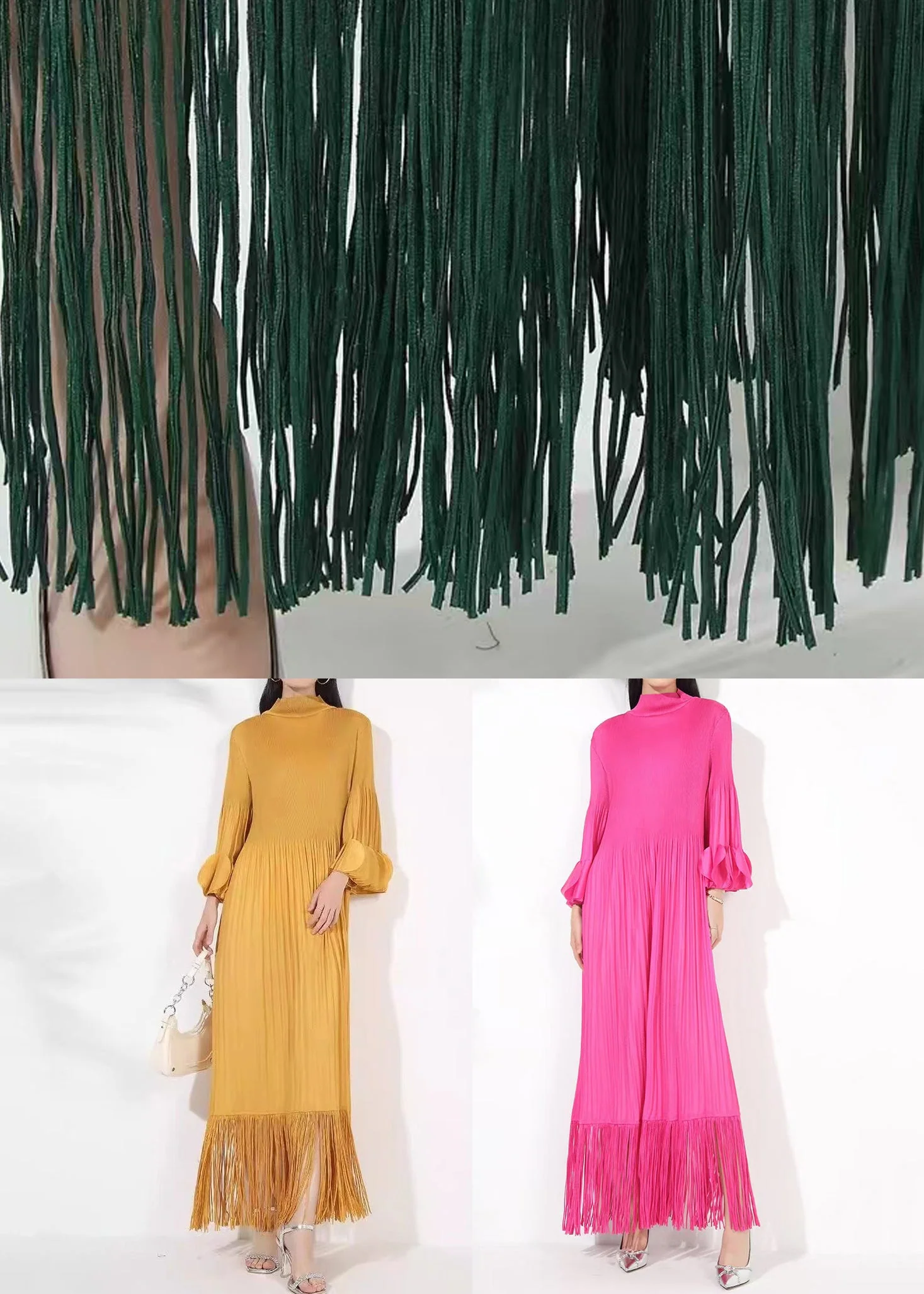 Loose Blackish Green Wrinkled Solid Cotton Long Dress Petal Sleeve - Image 5