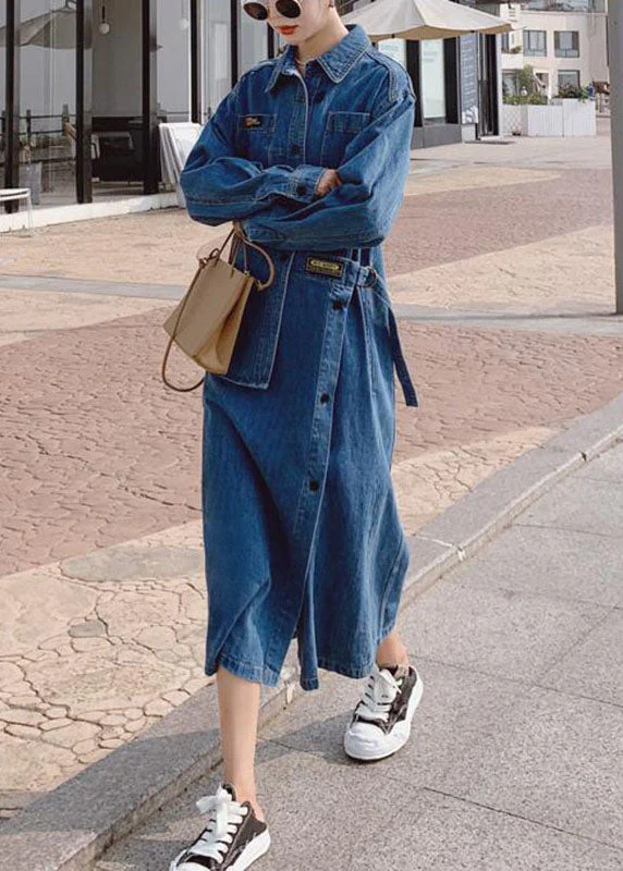 Loose Blue-blue dot Pockets Button asymmetrical design Fall Denim Long sleeve Long Dress - Image 5