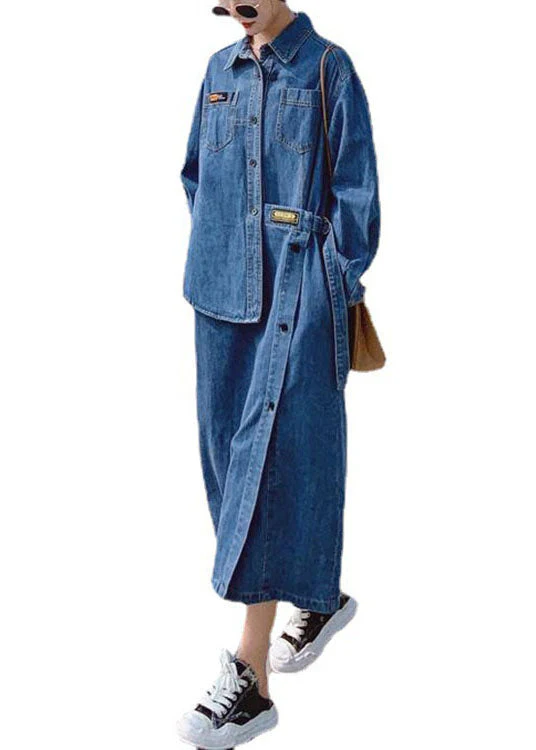 Loose Blue-blue dot Pockets Button asymmetrical design Fall Denim Long sleeve Long Dress - Image 8