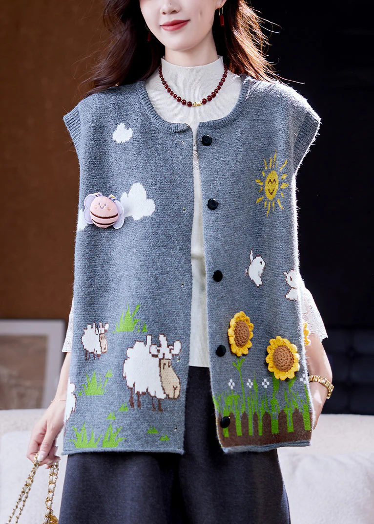Loose Blue Button Jacquard Sunflower Knit Vest Sleeveless - Image 2