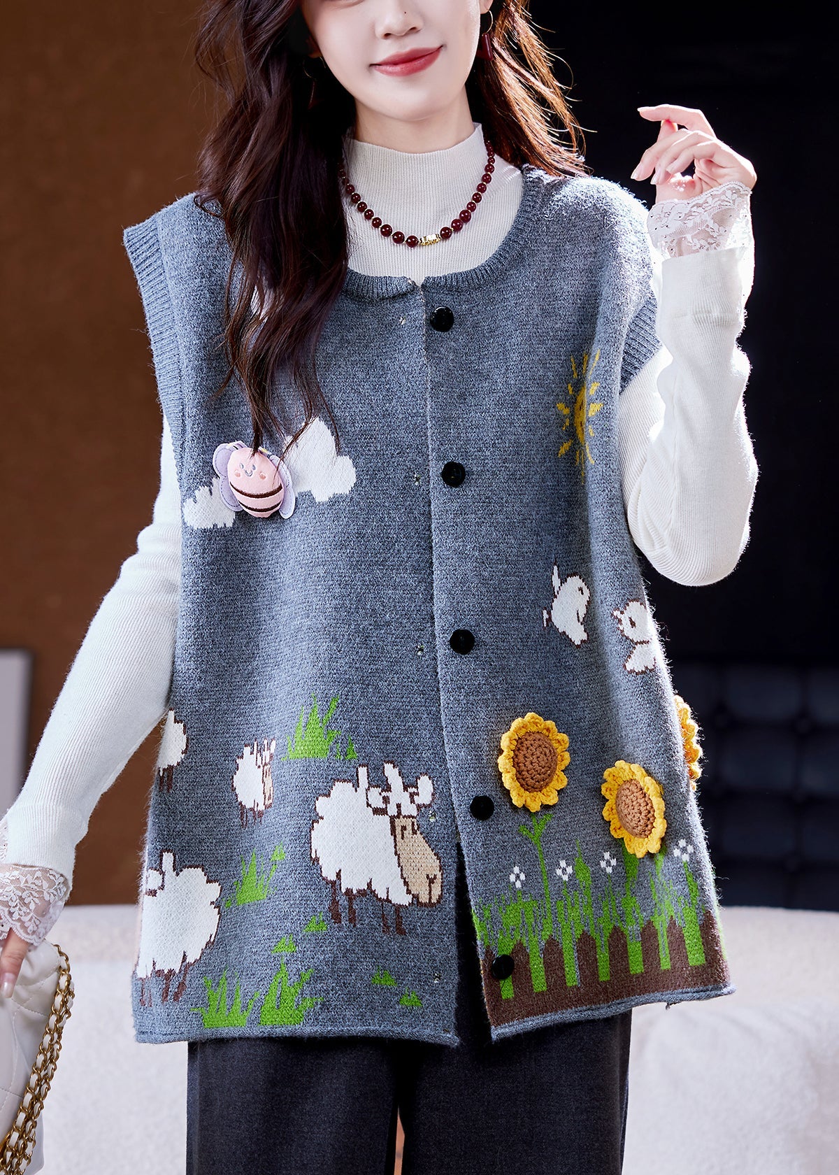 Loose Blue Button Jacquard Sunflower Knit Vest Sleeveless - Image 3
