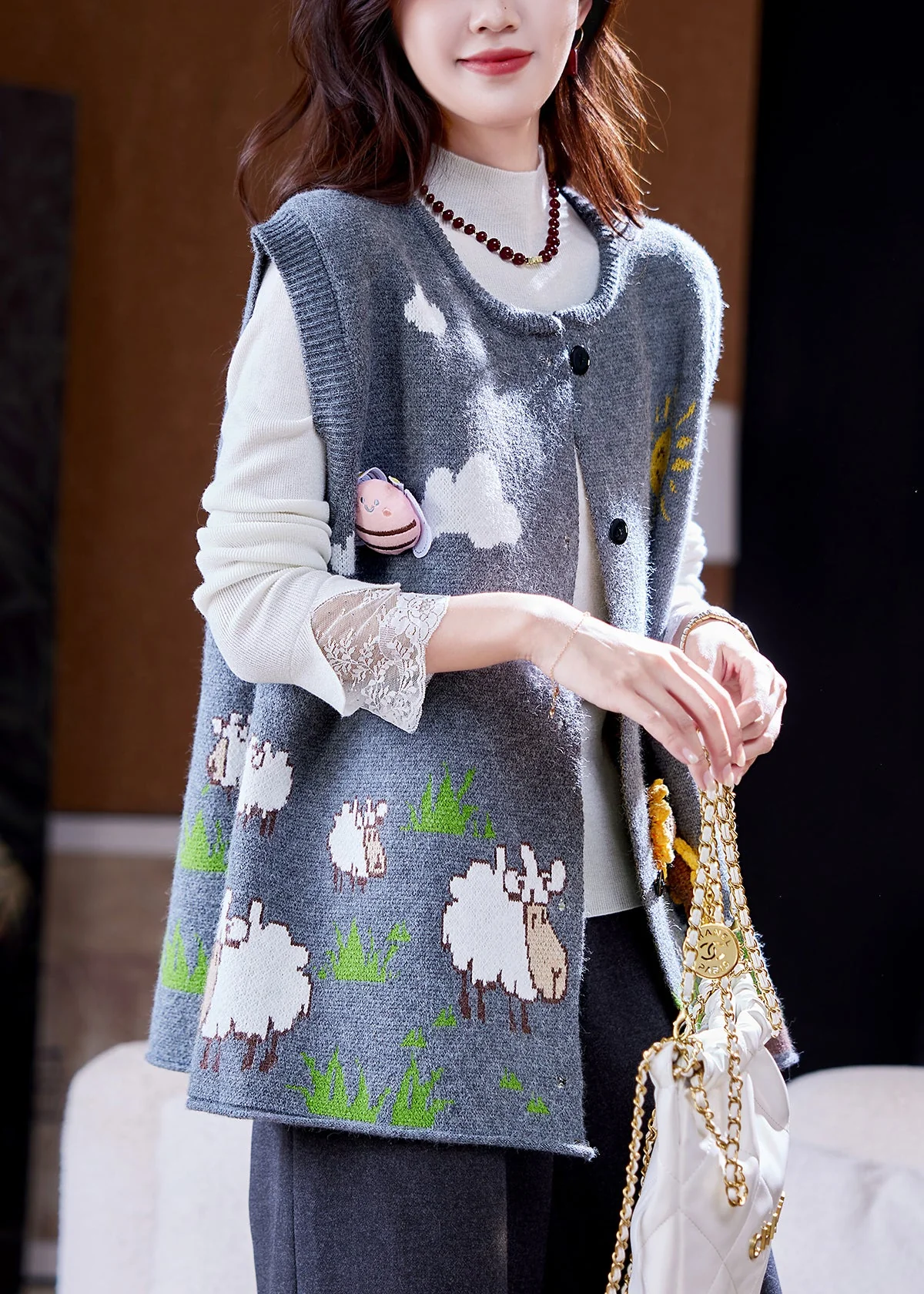 Loose Blue Button Jacquard Sunflower Knit Vest Sleeveless - Image 4