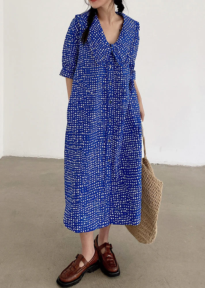 Loose Blue Button Print Pockets Cotton Shirts Dress Summer - Image 2