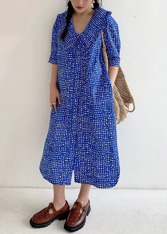 Loose Blue Button Print Pockets Cotton Shirts Dress Summer - Image 3