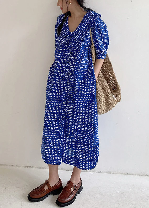 Loose Blue Button Print Pockets Cotton Shirts Dress Summer - Image 4